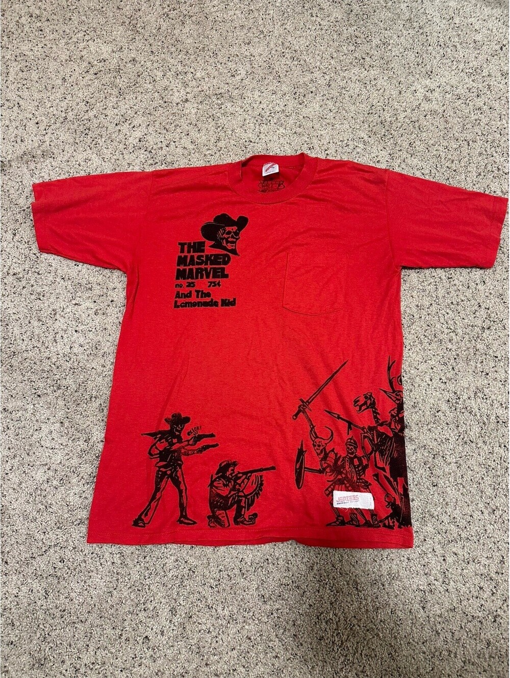 Vintage 80s Jerzees Masked Marvel Lemonade Kid Pocket T Shirt XL AOP